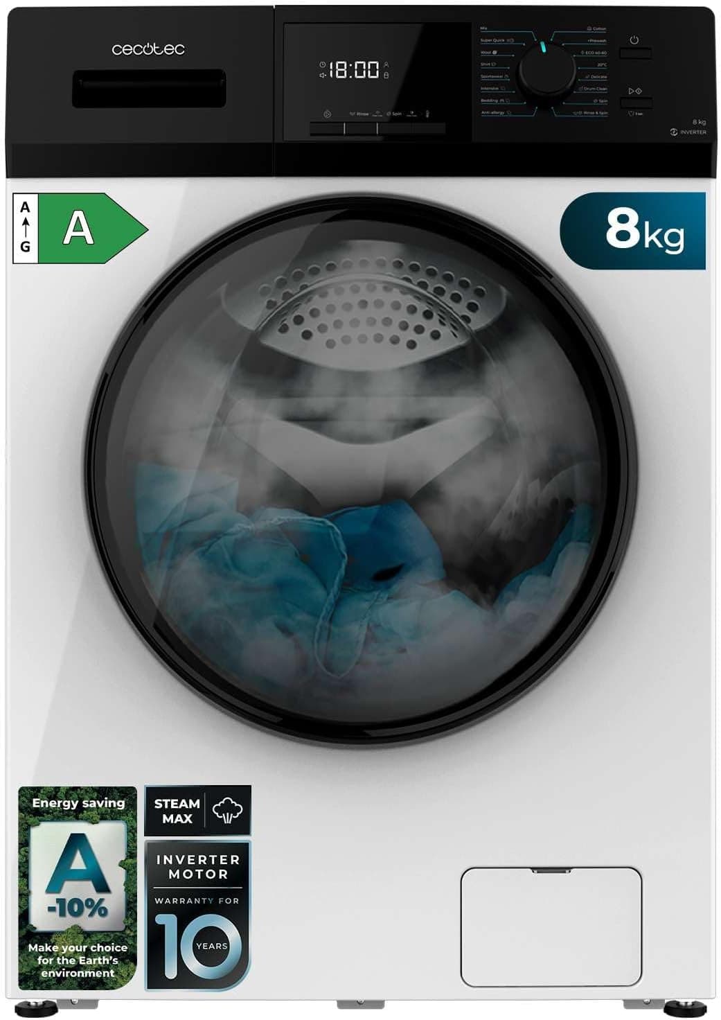 Lave-linge 9 kg 1400 tr/min,16 programmes, vapeur, moteur Inverter - 8 Kg - Blanc