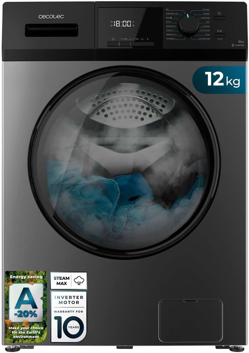 Lave-linge 9 kg 1400 tr/min,16 programmes, vapeur, moteur Inverter - 12 Kg - Steel