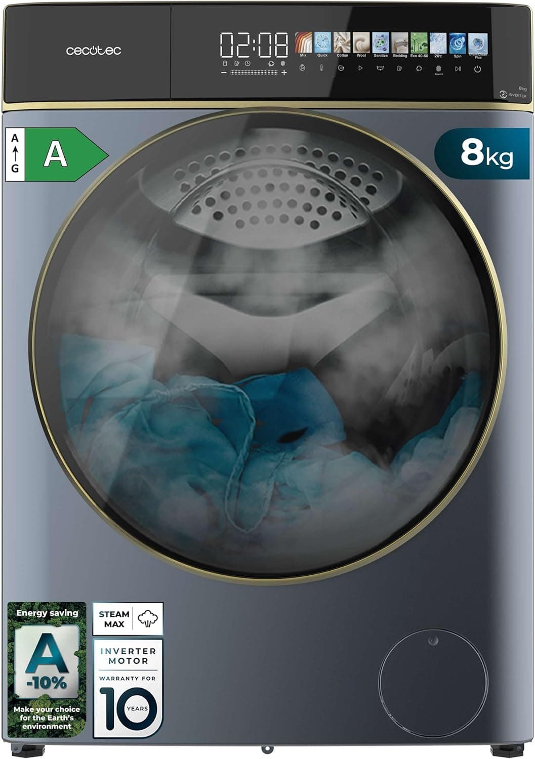 Lave-linge 10 kg frontal – Auto-Doseur Ultra-Efficace, 1400 tr/min, Vapeur, Écran 10,3" - 8 Kg - Ice Blue