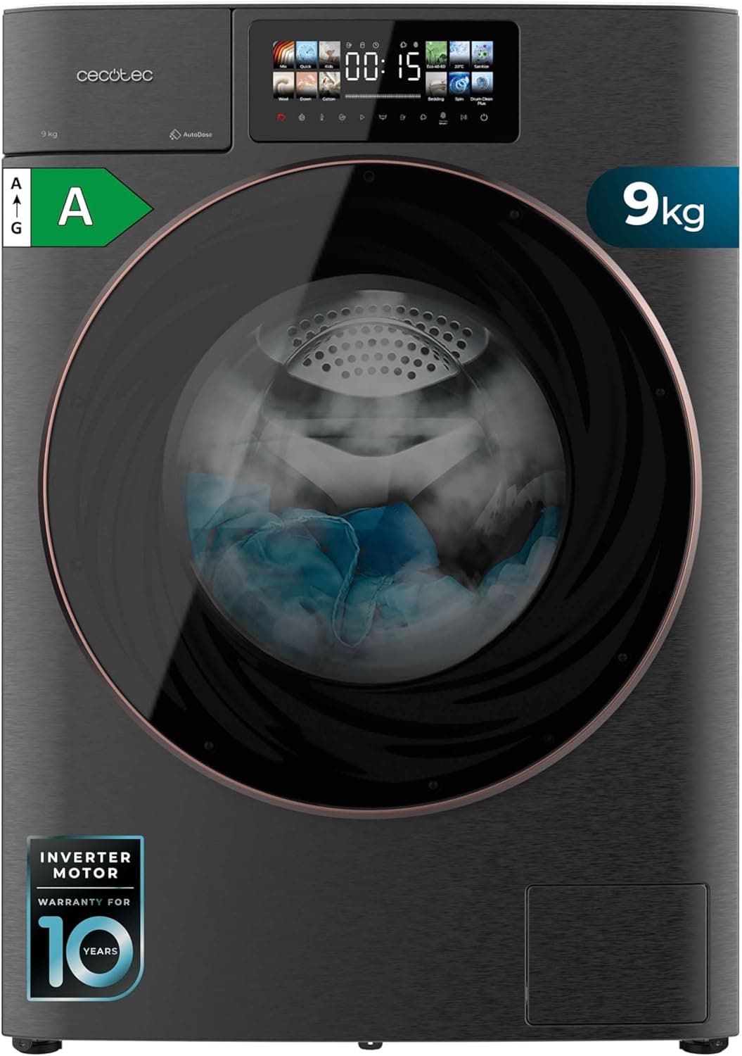 Lave-linge 10 kg frontal – Auto-Doseur Ultra-Efficace, 1400 tr/min, Vapeur, Écran 10,3" - 9 Kg - Acier 3d