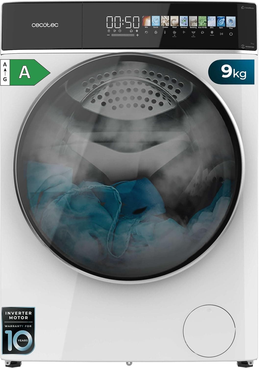 Lave-linge 10 kg frontal – Auto-Doseur Ultra-Efficace, 1400 tr/min, Vapeur, Écran 10,3" - 9 Kg - Blanc