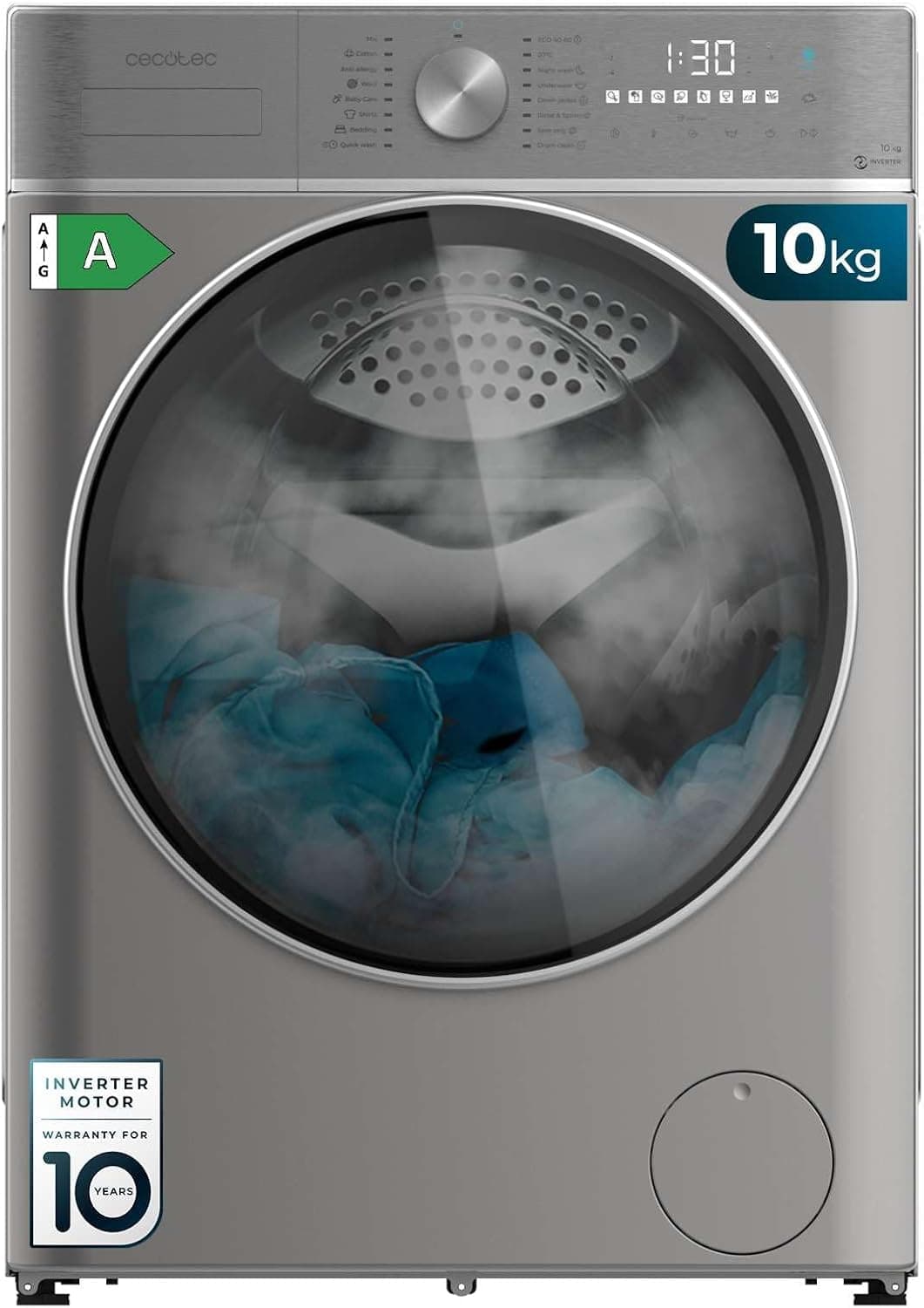 Lave-linge 9 kg frontal – Ultra-Efficace, Classe A, 1400 tr/min, Moteur Inverter, Vapeur - 10 kg - Steel