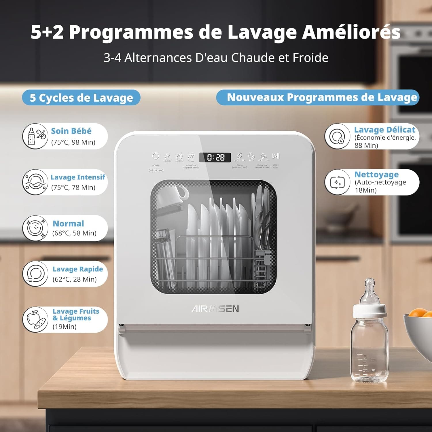 Mini lave-vaisselle 4 couverts avec réservoir 5 L et départ différé