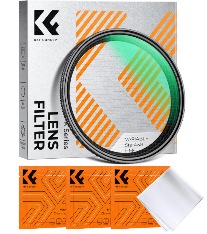 K&F 77MM Ultra-Thin Adjustable Long 4-8 Point Star Filter, Green Coated, with 3 Vacuum Cleaning Clot