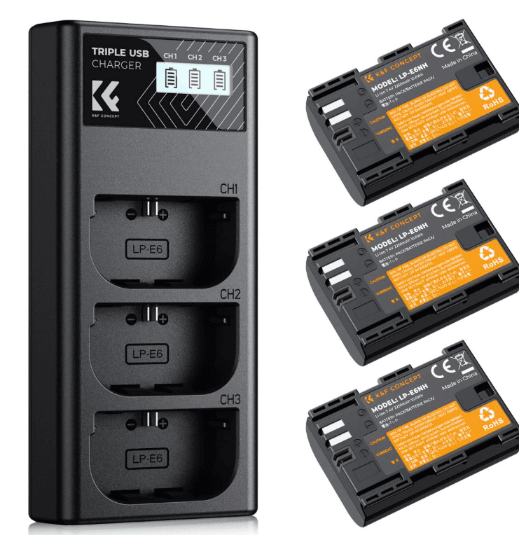 K&F LP-E6NH KF28.0039V1 Camera Battery 2250mAh, 3-pack + Charger LCD display charger set
