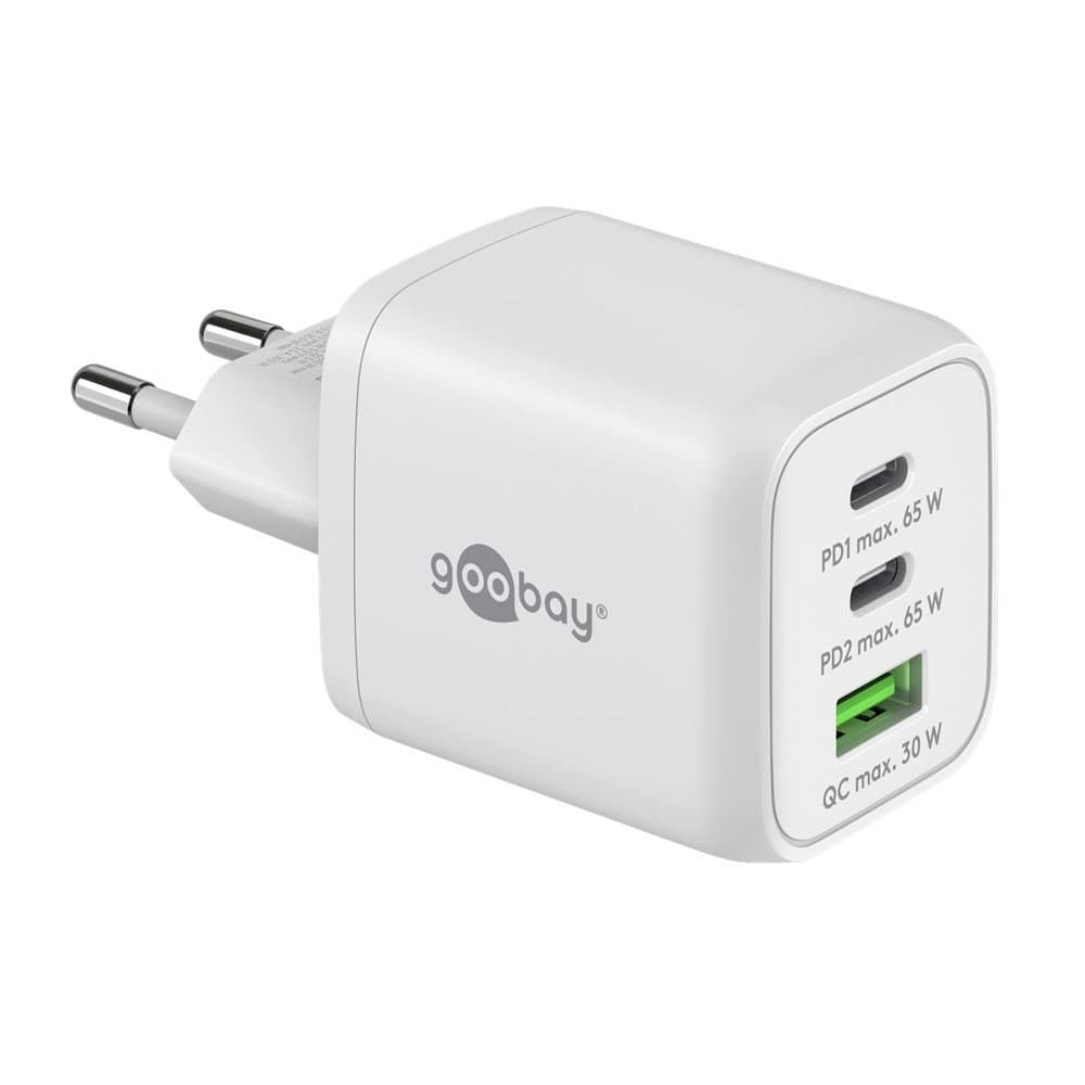 Power and charging adapter 230V to 2x USB-C and 1x USB-A PD (Quick charge) 65W, white