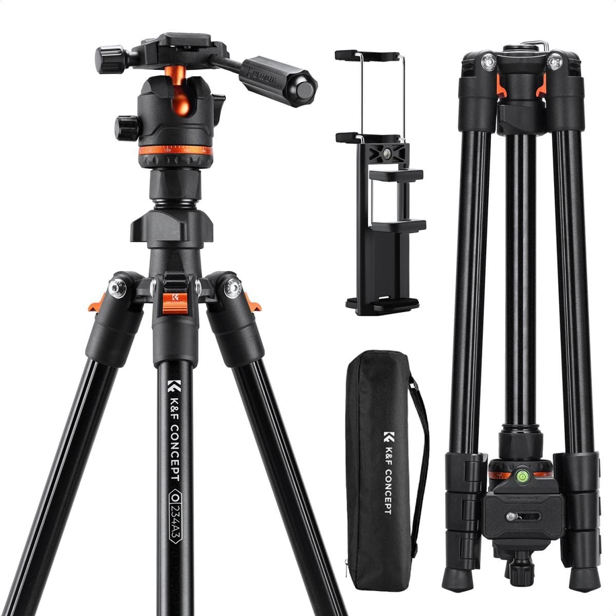 K&F Concept O234A3+BH-36 – trípode para cámara de aluminio de 182 cm con rótula de bola