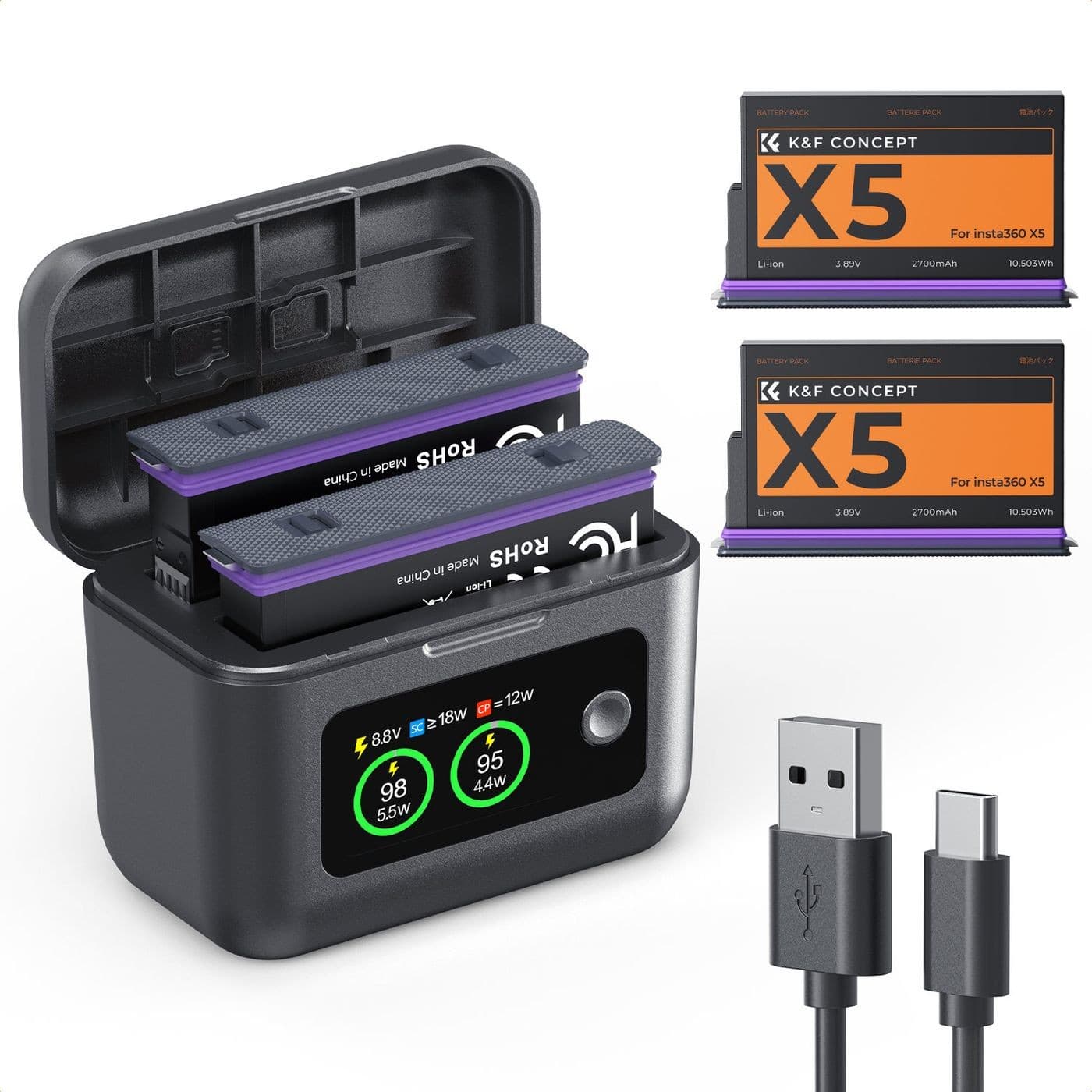 K&F Concept baterie pro Insta360 X5 2700mAh, 2 ks + nabíjecí pouzdro PD 20W s LCD