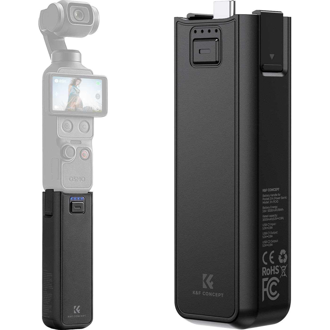 K&F Concept bateriová rukojeť 5000mAh pro DJI Osmo Pocket 3 / 4, 20W, 1/4" závit