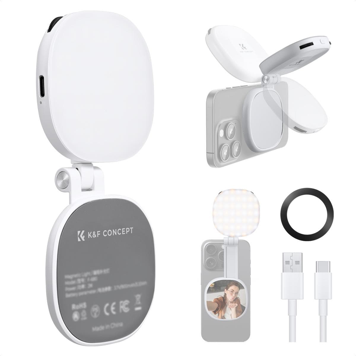 K&F Magnetic Selfie Light with 360°Rotation & Mirror, CRI95+ Foldable Phone Ring Light