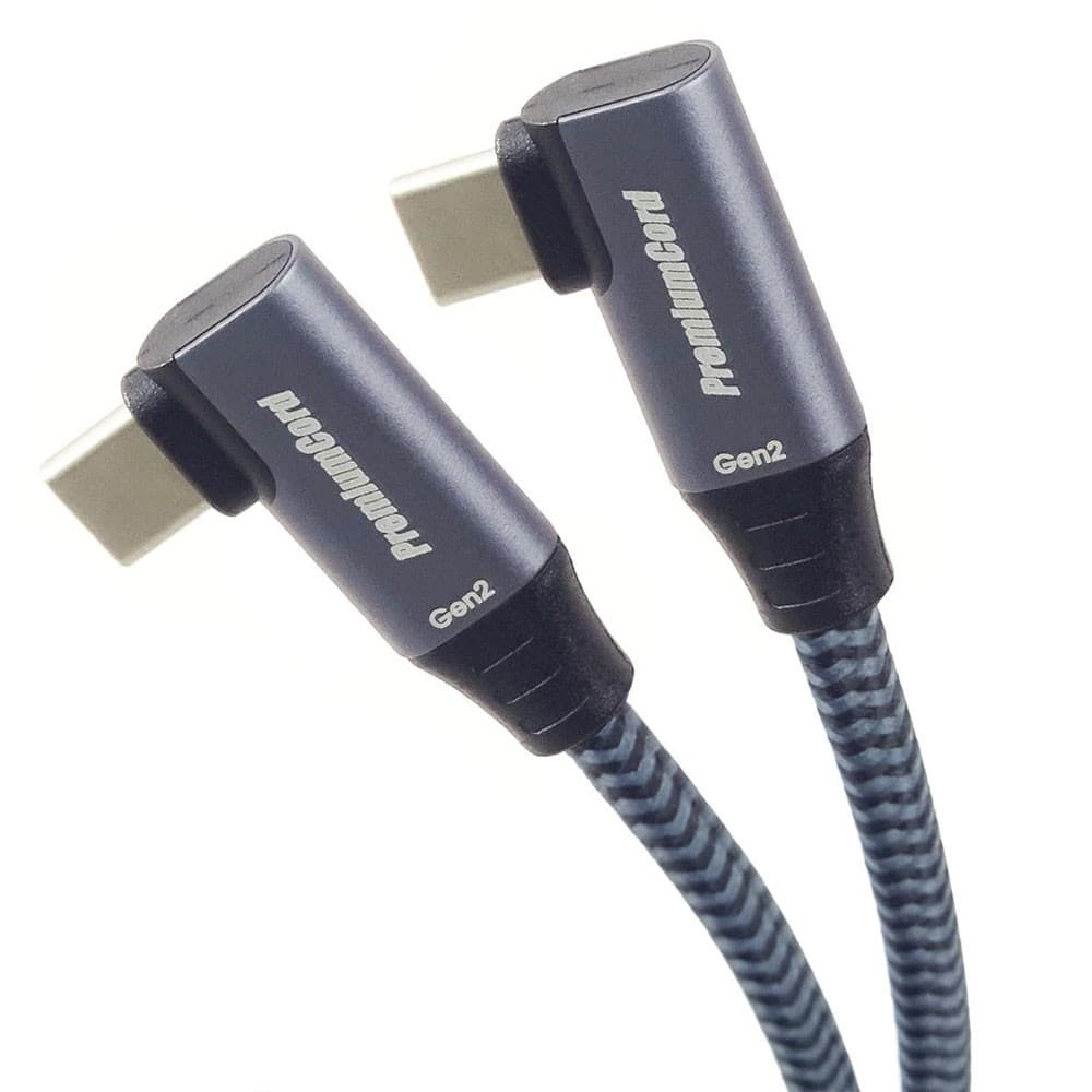 PremiumCord USB-C angled 90° cable (USB 3.2 GEN 2x2, 5A, 100W, 20Gbit/s) aluminum caps, cotton braid, 1m