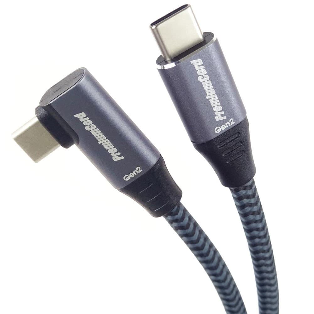 PremiumCord USB-C angled 90° cable (USB 3.2 GEN 2x2, 5A, 100W, 20Gbit/s) aluminum connector caps, cotton braid, 1m
