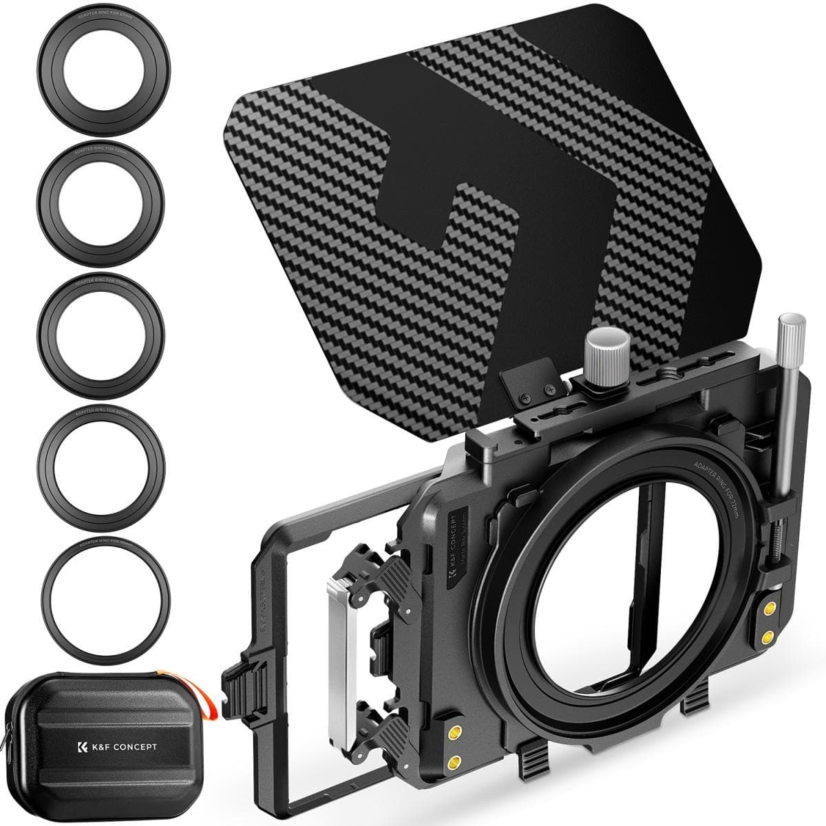 K&F CONCEPT Matte box kit:5pcs Adapter Rings(67/72/77/82/95mm)+2 pcs of 4*5.65 inch filter frame - desembalado, garantía completa