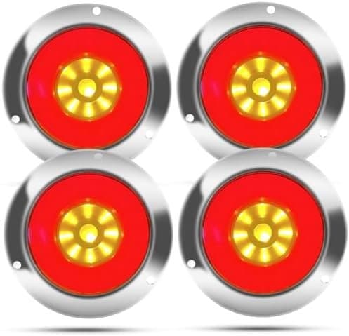 Biqing 4pcs 4" Feux Remorque LED Rond,12V 24V Led Feux Arrière de Remorque Rouge Feux Stop Ambre Indicateur Lamp Avec Lunette Chromée Eclairage pour R