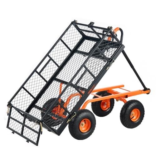 VEVOR Chariot à benne basculante, capacité de charge 399 kg, chariot de jardin en métal robuste avec cadre facile à assembler, poignée convertible 2 e