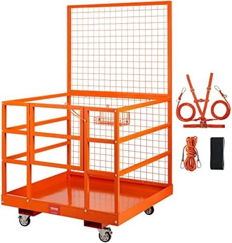 VEVOR Cage de Sécurité Chariots Élévateurs Capacité 635 kg Nacelle Plate-forme de Travail 114,3x109,2x203,2 cm Harnais Sécurité Verrou Drainage Roues 
