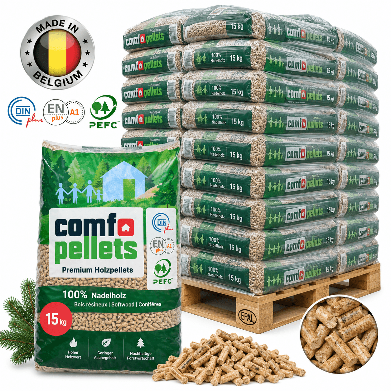 Comfo pellets de madeira – 65 sacos de 15 kg – palete 975 kg – 100 % madeira de coníferas – ENplus A1, DINplus & PEFC
