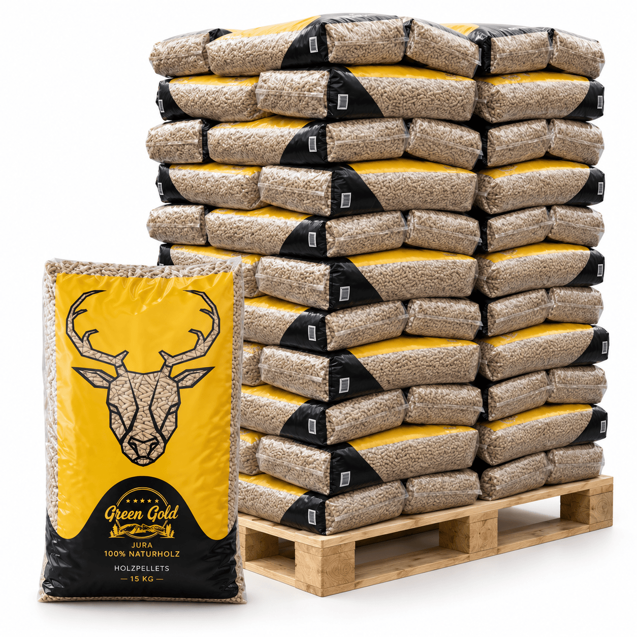 Green Gold Jura pellets de madeira – 72 sacos de 15 kg – palete 1.080 kg – 100 % madeira de coníferas – DINplus & PEFC