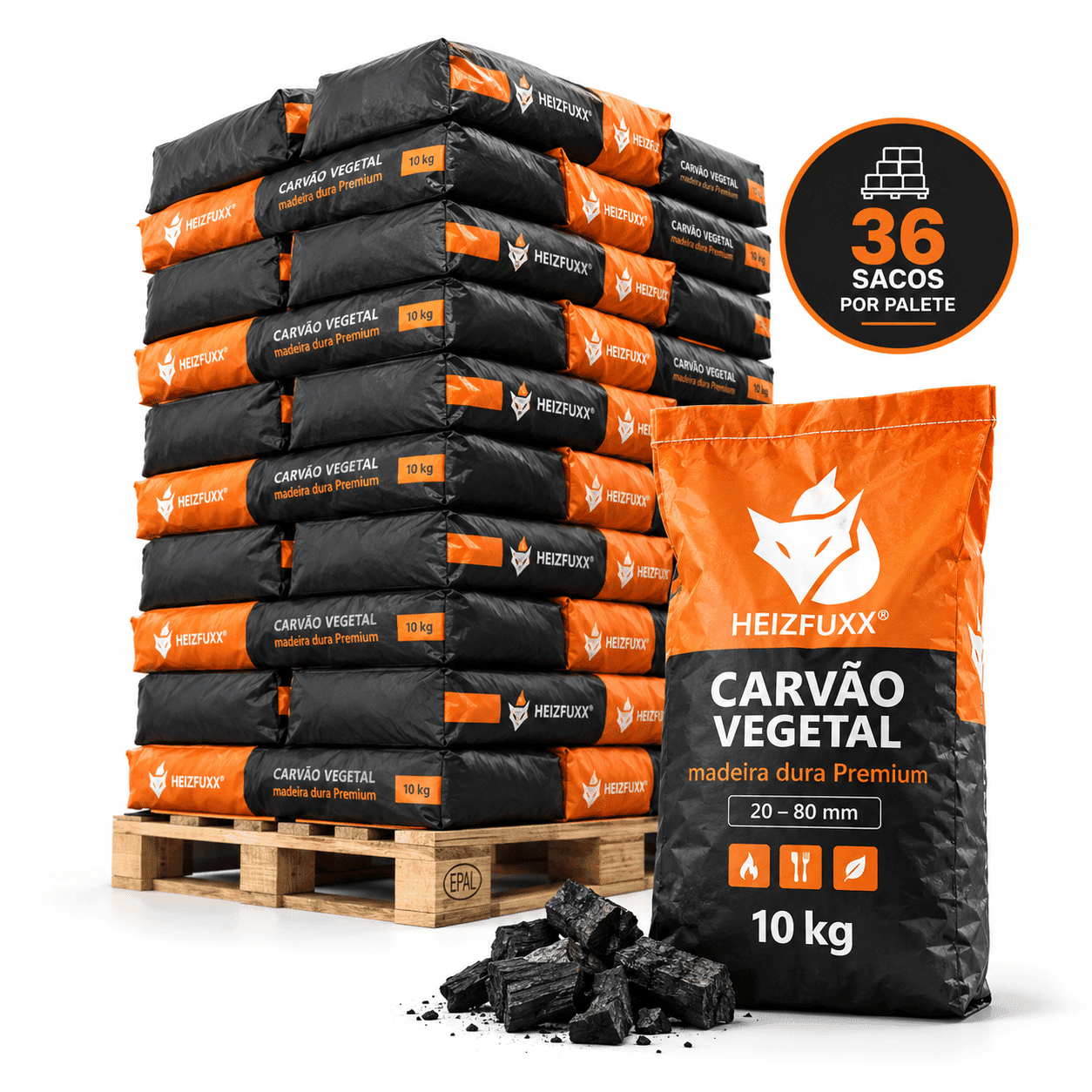 Carvão vegetal 20–80 mm – 36 × 10 kg – madeira dura Premium