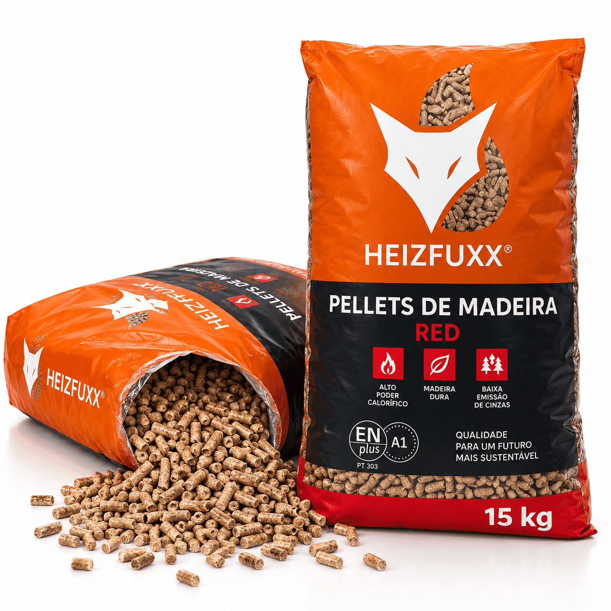 Heizfuxx Red ENplus A1 pellets de madeira dura – 20 sacos de 15 kg – palete 300 kg