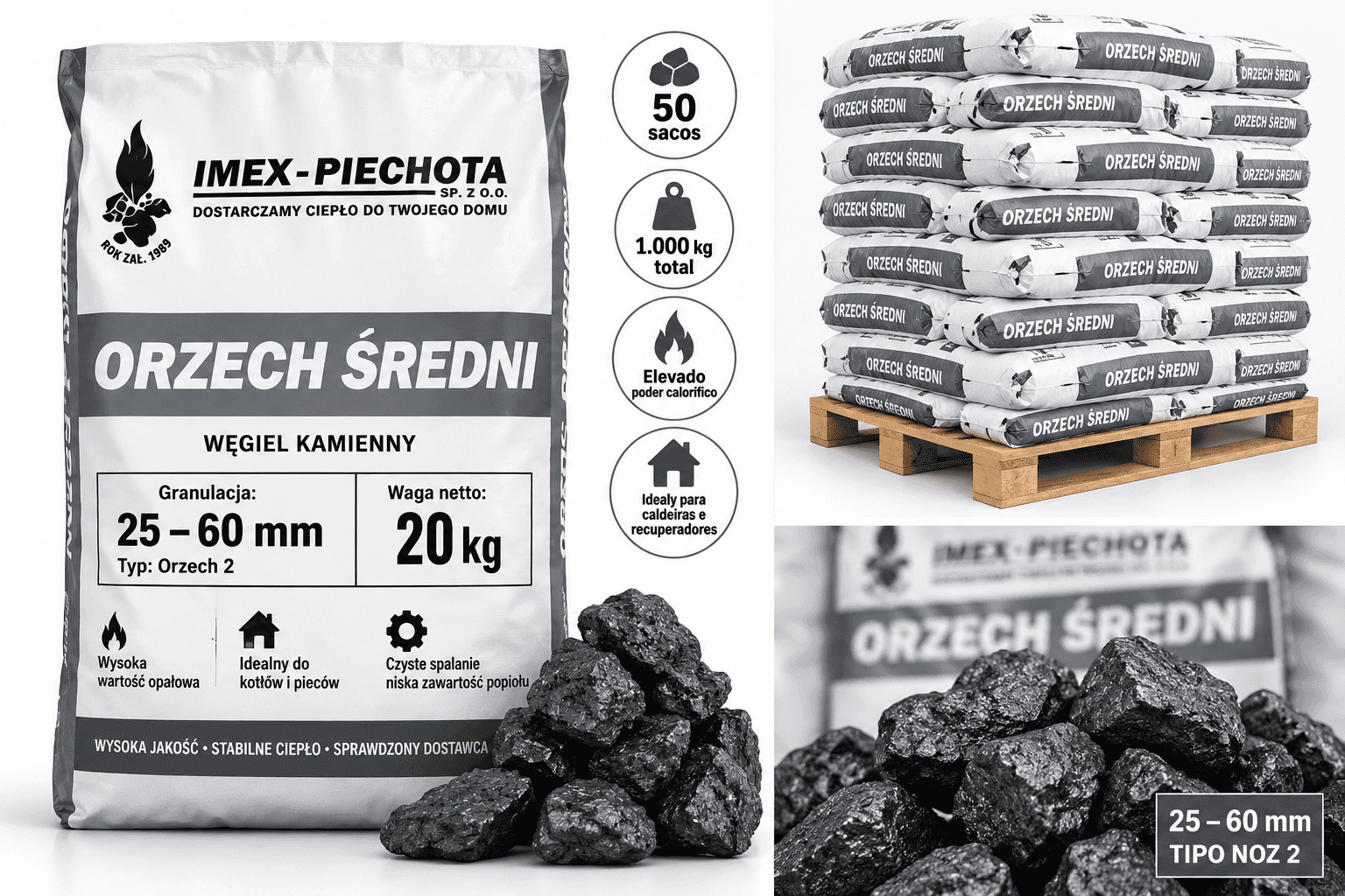 Carvão mineral 25–60 mm – 50 × 20 kg – tipo Noz 2