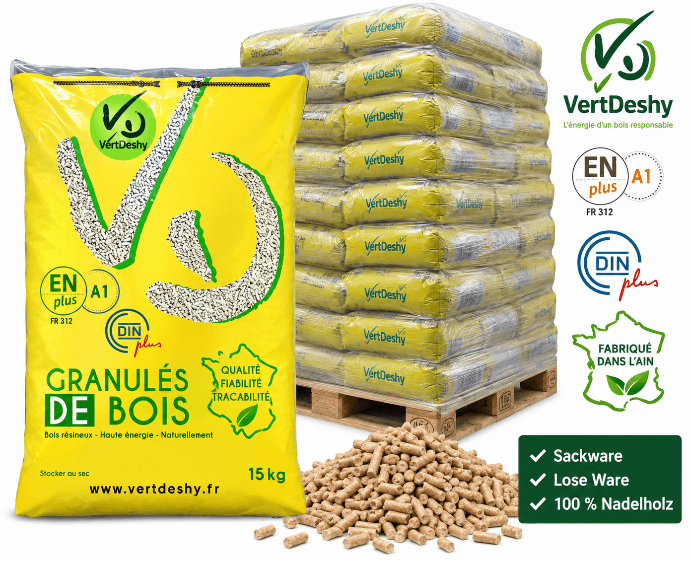 VERTDESHY pellets de madeira – saco ou a granel – 100 % madeira de coníferas – ENplus A1 & DINplus