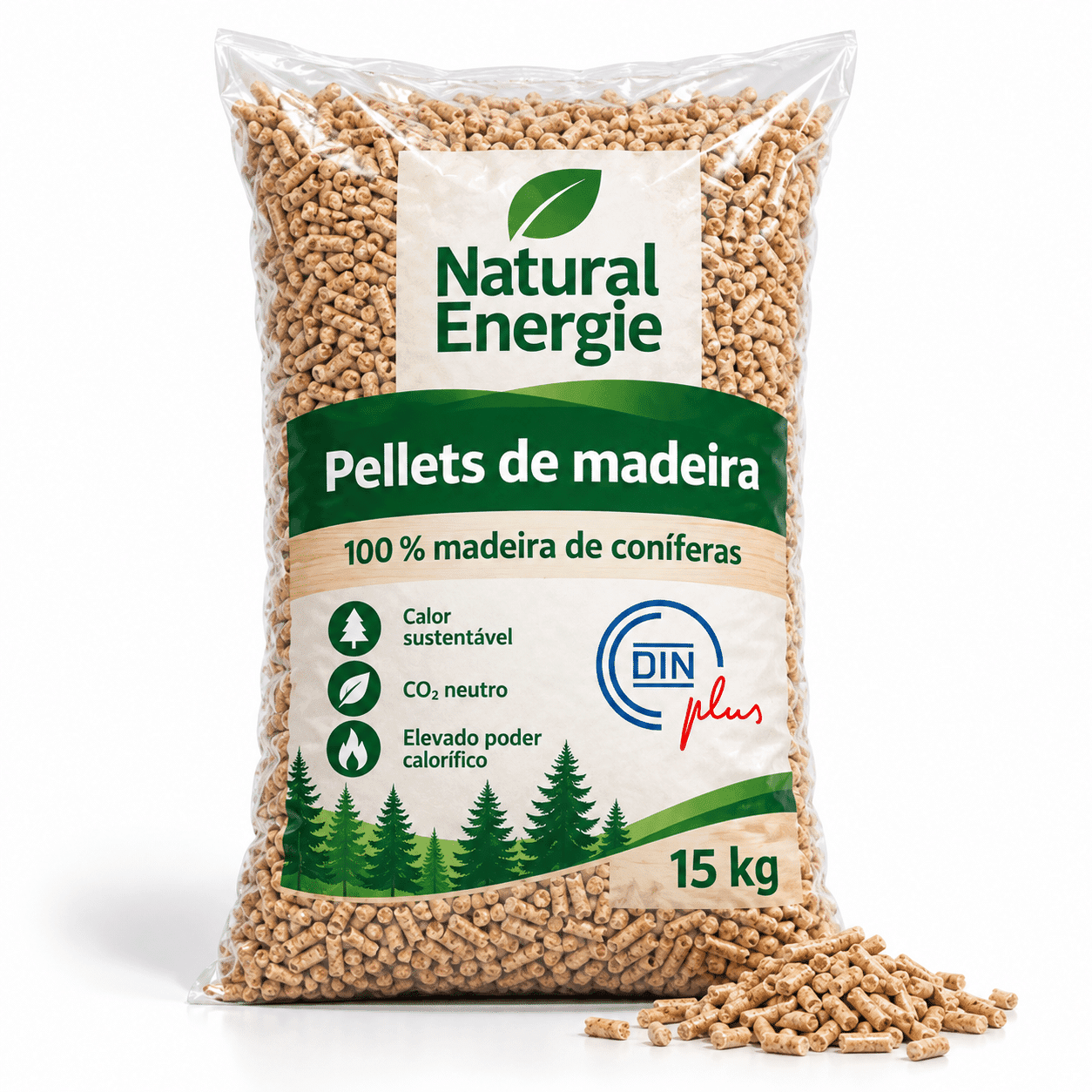 Natural Energie pellets de madeira – 70 sacos de 15 kg – palete 1.050 kg – 100 % madeira de coníferas – DINplus