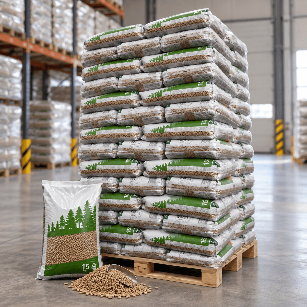 Green Energy pellets de madeira – 65 sacos de 15 kg – palete 975 kg – madeira de coníferas e folhosas – ENplus A1 & DINplus