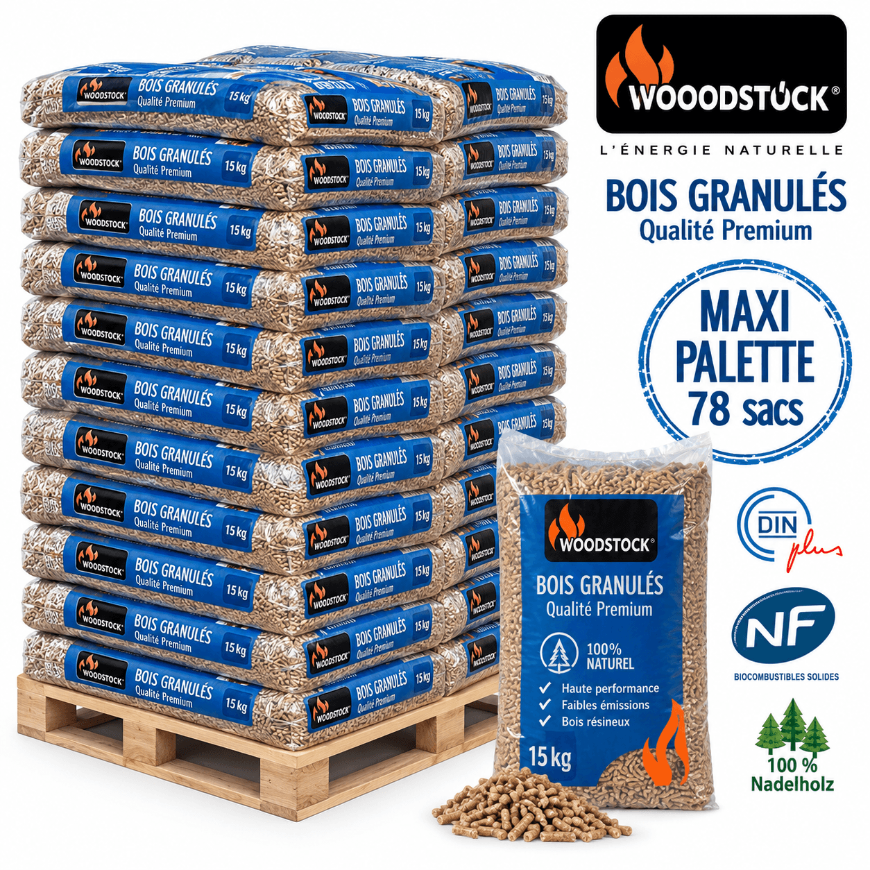 WOODSTOCK pellets de madeira – palete de 78 sacos – 100 % madeira de coníferas – DINplus & NF