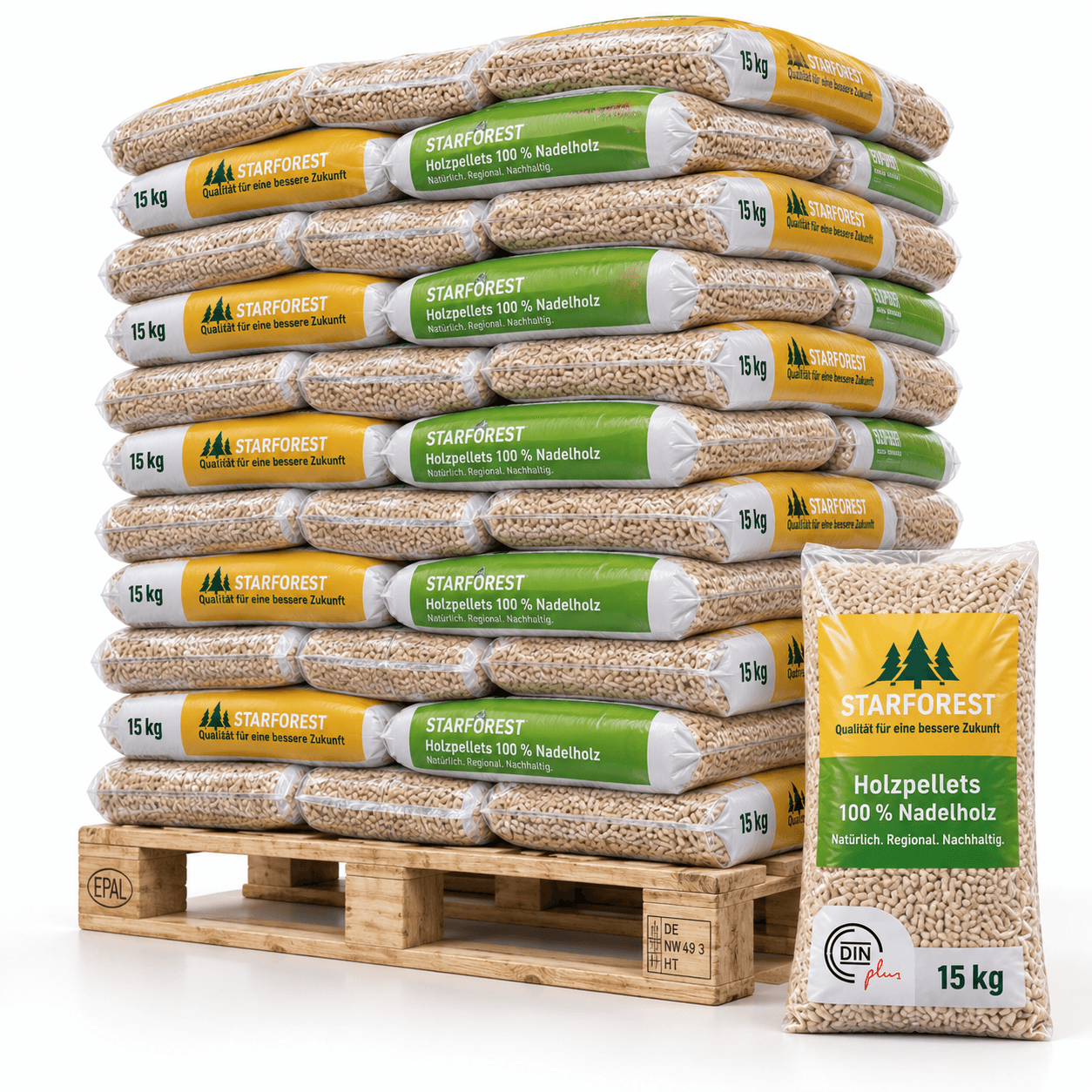 Starforest pellets de madeira – 70 sacos de 15 kg – palete 1.050 kg – 100 % madeira de coníferas – DINplus