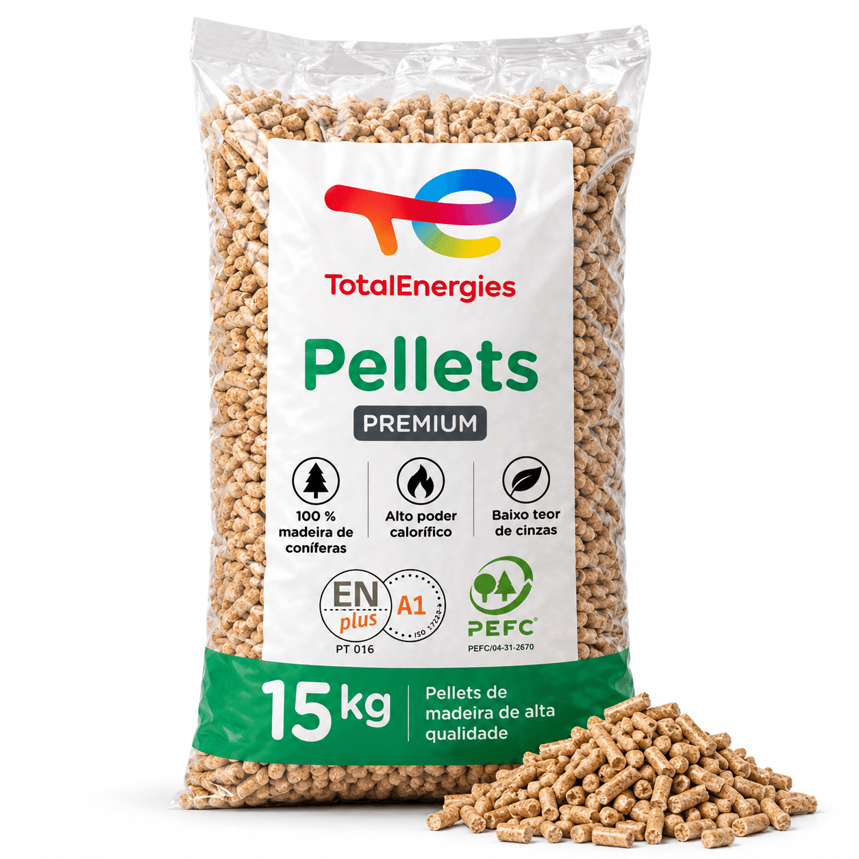 TotalEnergies pellets de madeira – saco de 15 kg – 100 % madeira de coníferas – ENplus A1