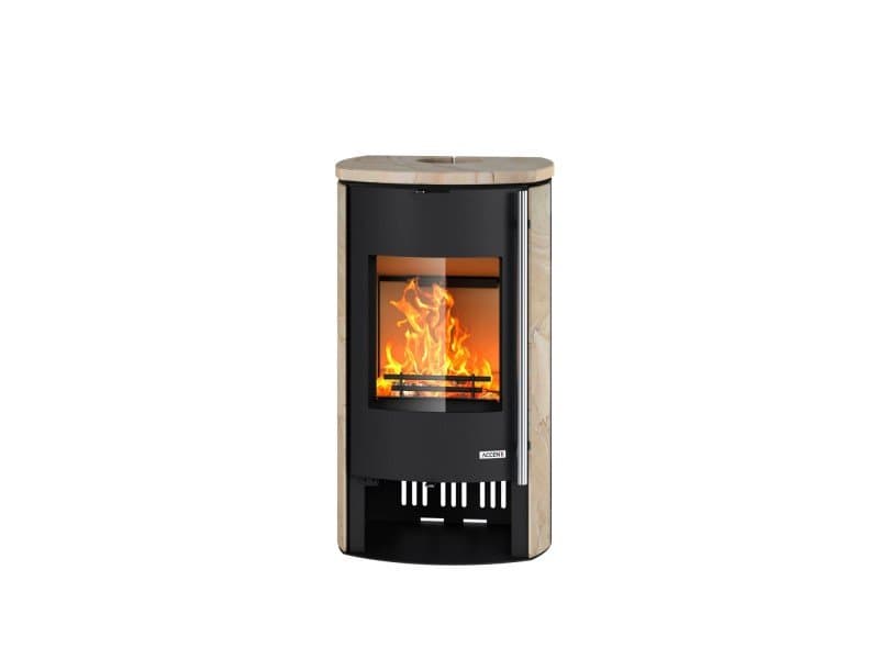 Accente salamandra a lenha com revestimento em arenito 7 kW