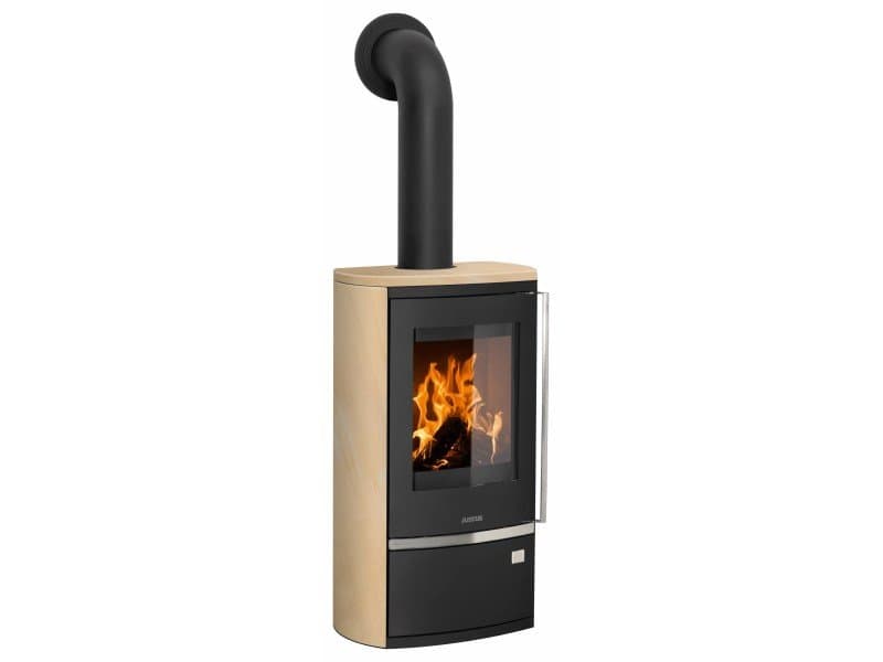 Justus Rento R II salamandra a lenha preta com arenito 6 kW com controlo automático