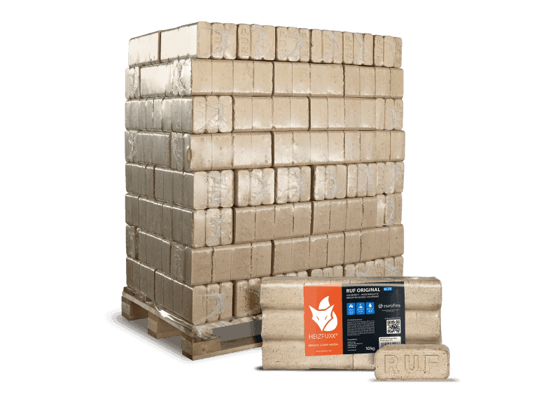 Heizfuxx RUF Original Blue briquetes de madeira de coníferas – 96 embalagens de 10 kg – palete 960 kg