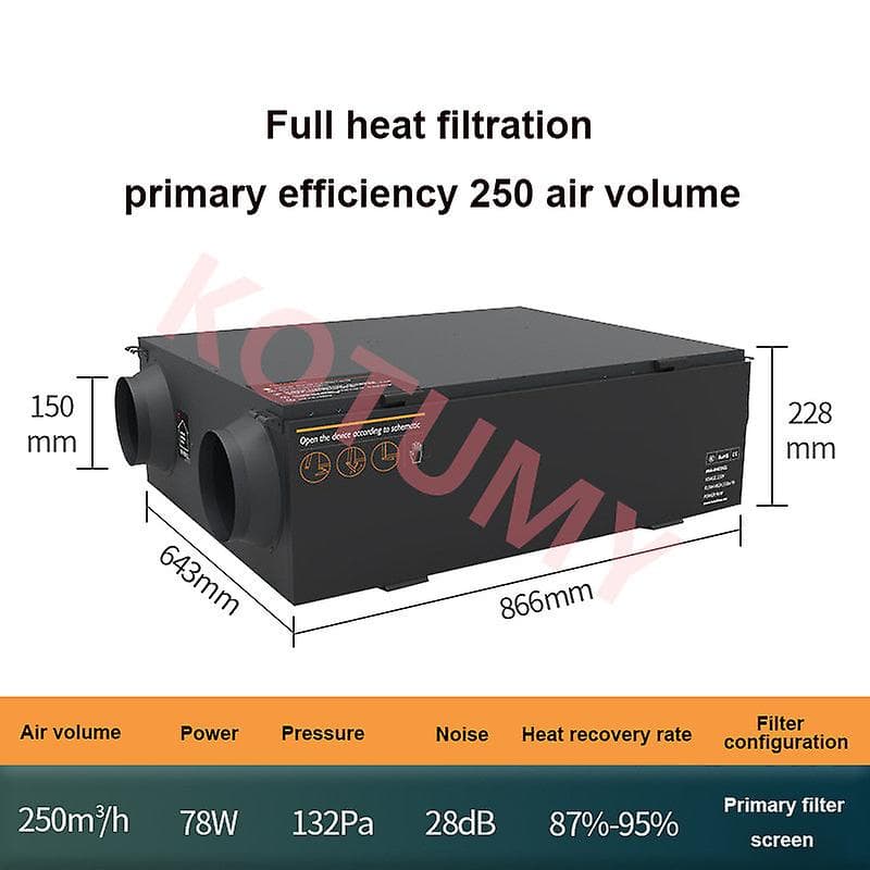 250㎡/h Purificación Central Fresh Purificador Hogar Sistema de recuperación de calor Filtro de aire Ventilador de ventilación