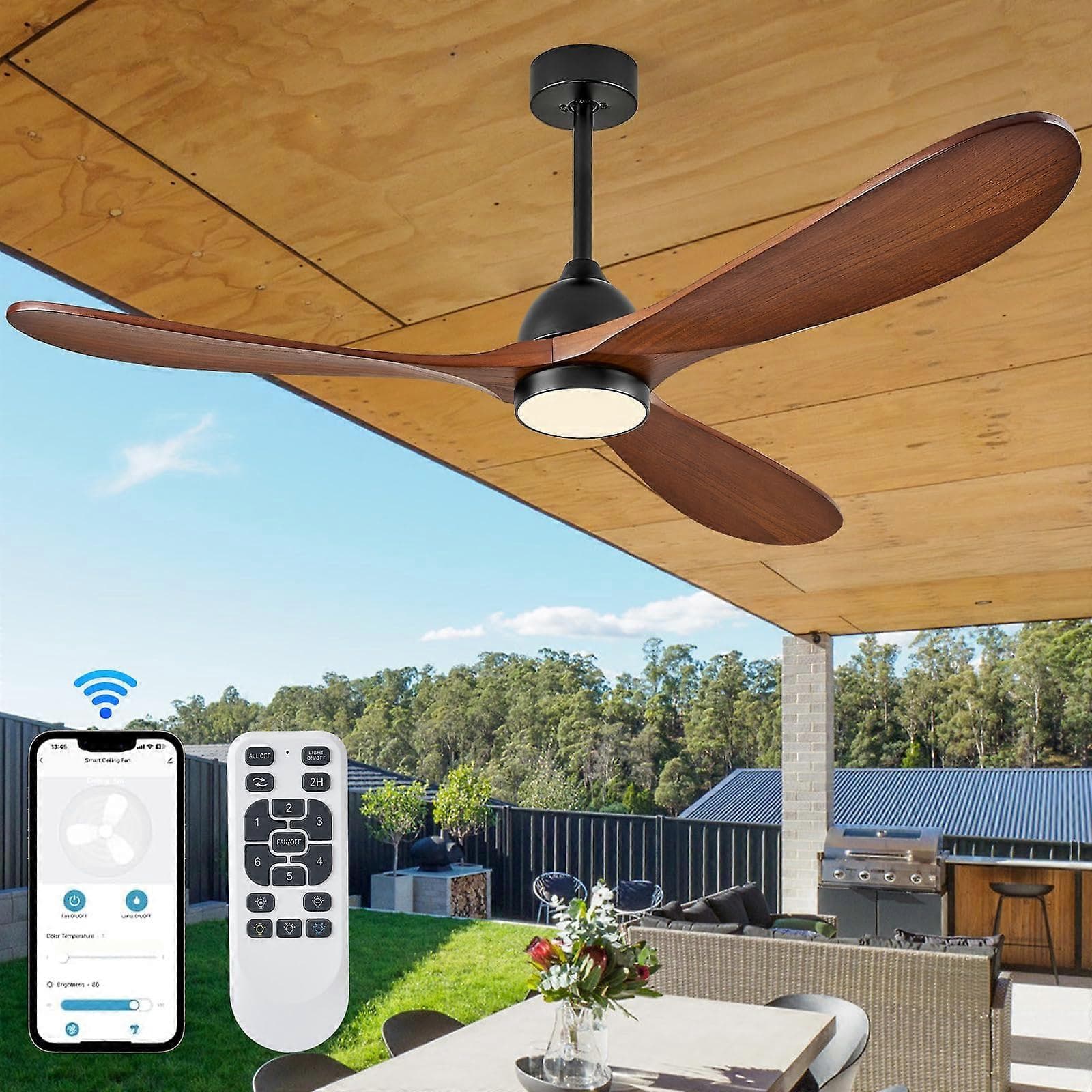 Ventilador de techo de 52 pulgadas con luz y mando a distancia, aplicación inteligente y control por voz, nogal oscuro para terraza