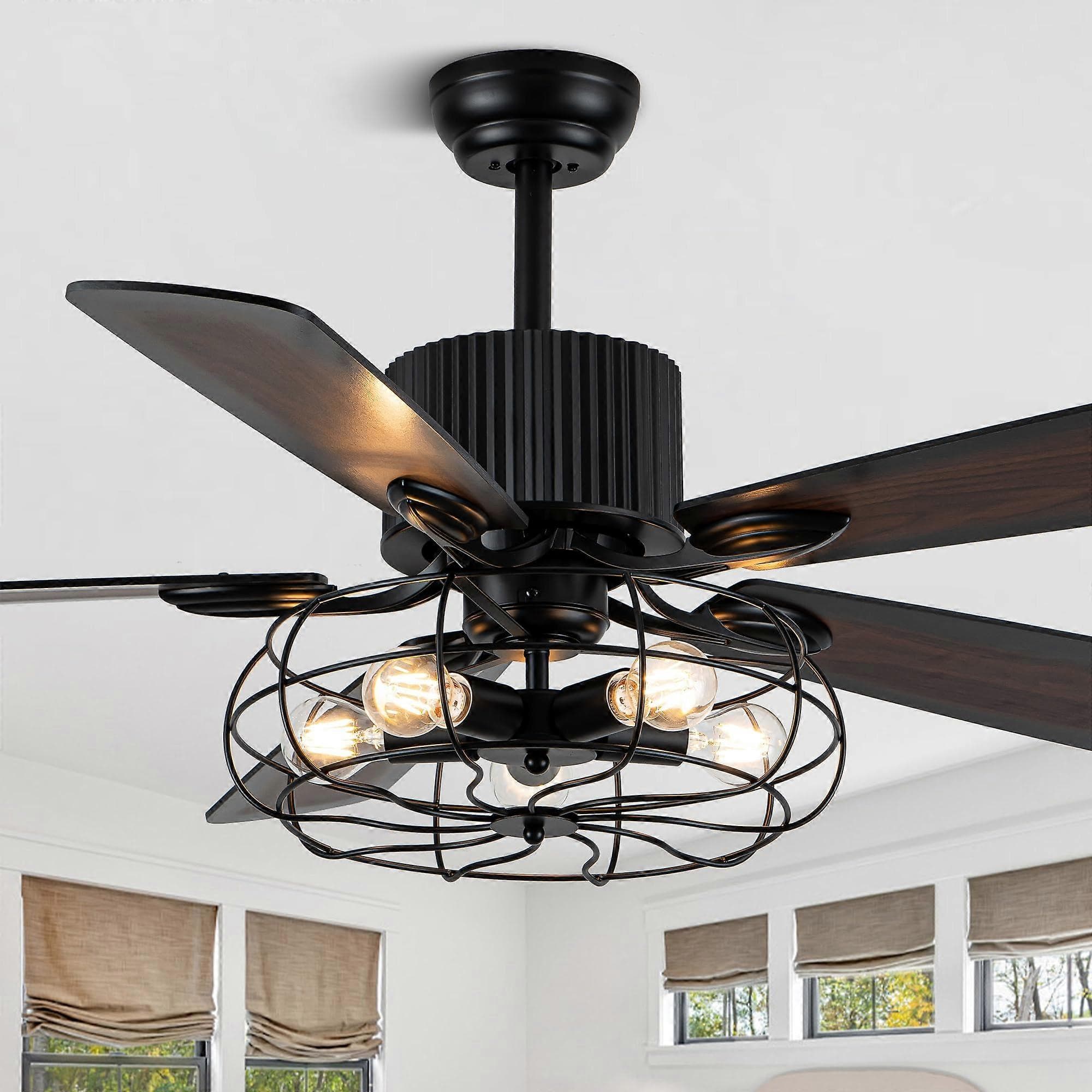 Ventilador de techo estilo granja de 52 pulgadas con luces y mando a distancia, diseño rústico con jaula, aspas reversibles