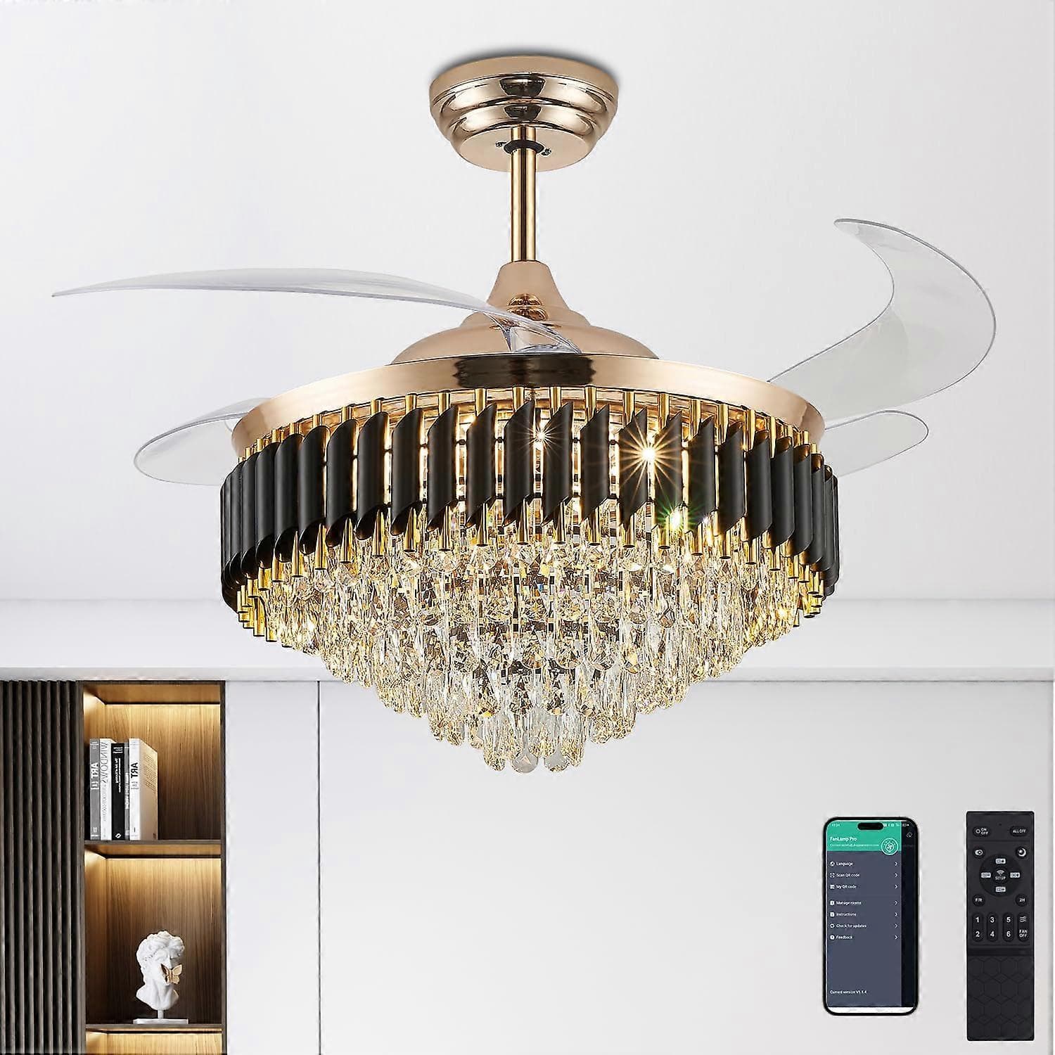 Ventilador de techo con lámpara de araña de cristal de 52 pulgadas con luces, aspas retráctiles doradas, mando a distancia y control por aplicación in