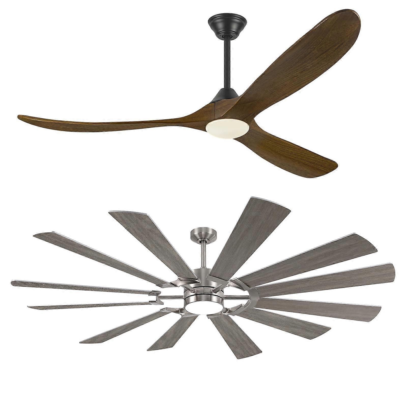 2 UDS. Ventilador de techo inteligente con luz, 52 pulgadas madera de nogal compatible con control por Alexa y 72 pulgadas 12 aspas roble plata con ma