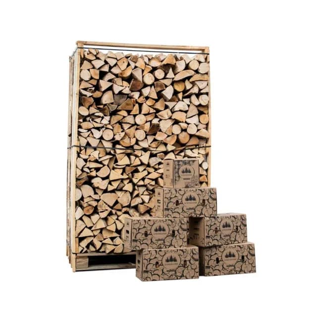 BOX DE 3 ESTÉREOS DE 30CM DE LEÑA SECA CON 5 CAJAS DE ASTILLAS PARA ENCENDIDO / 1 CAJA DE 2KG DE PASTILLAS DE ENCENDIDO