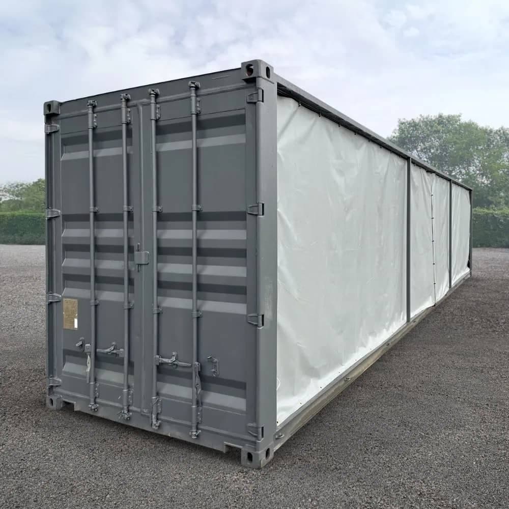 40-Fuß-HC-Open-Side-Container gebraucht – Plane-System, grau, 29 m², sofort lieferbar