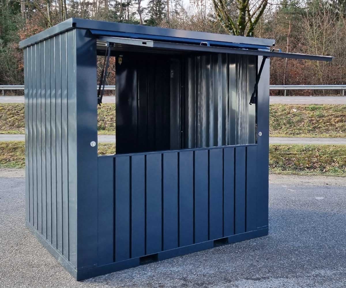 Verkaufscontainer Anthrazitgrau – H 2240 × B 2290 × T 2952 mm, zweiflügelige Tür, verschraubte Stahlkonstruktion mit Verkaufsöffnung