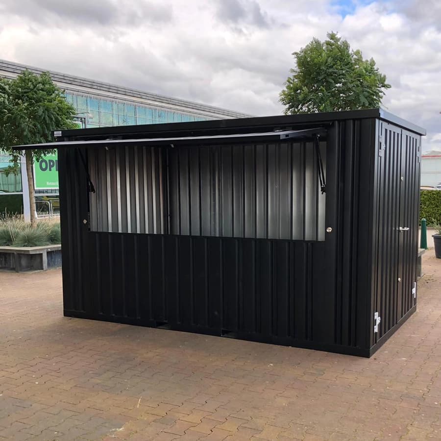 Container Bar 4×2 m RAL 9005 Schwarz – Zerlegbarer Verkaufscontainer mit Doppeltür und Klappöffnung