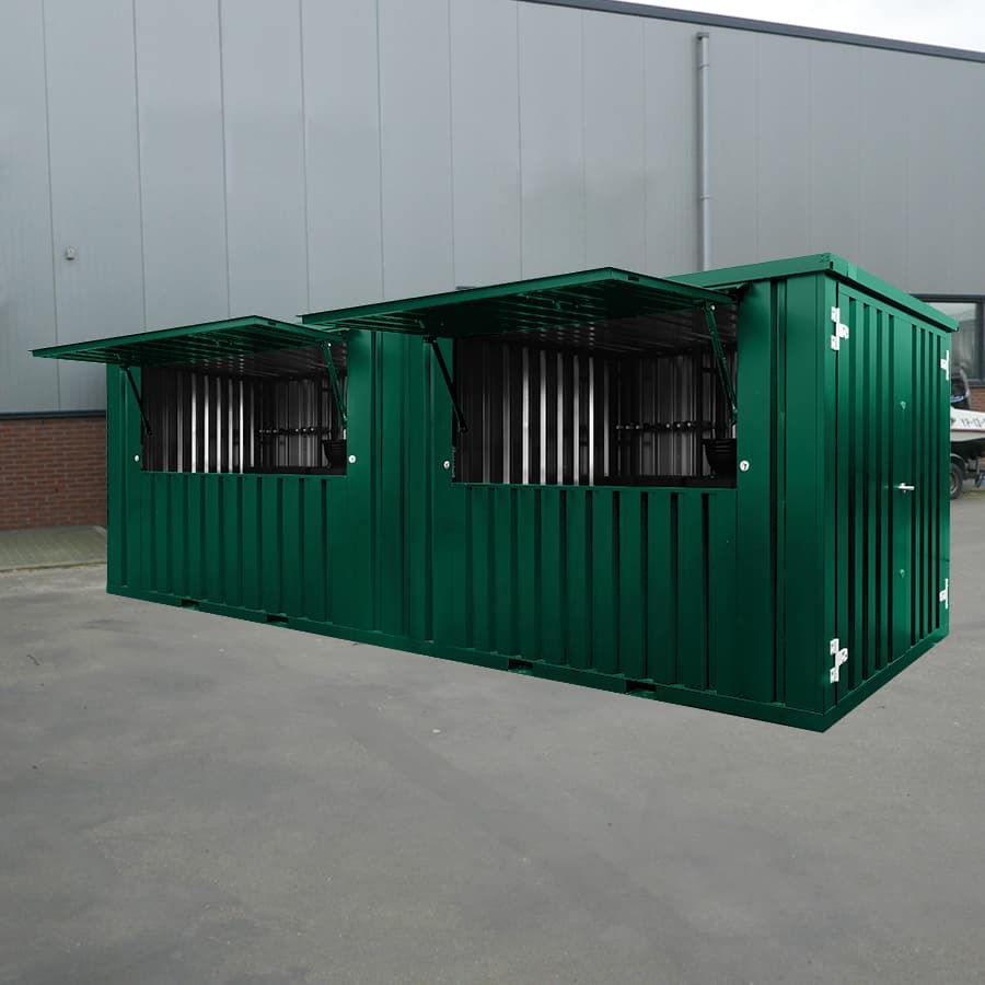 Bar Container 6×2 m Grün RAL 6005 – Modularer Verkaufscontainer mit Klappdach und Boden