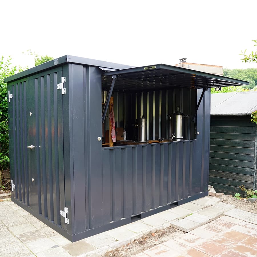 Container Bar XL 3×2 m RAL 7016 Anthrazit – Verkaufscontainer mit Klappöffnung und Doppeltür – Modular