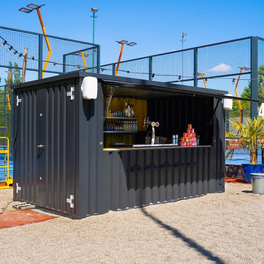 Container Bar 4×2 m RAL 7016 Anthrazit – Zerlegbarer Barcontainer mit Doppeltür und Klappöffnung