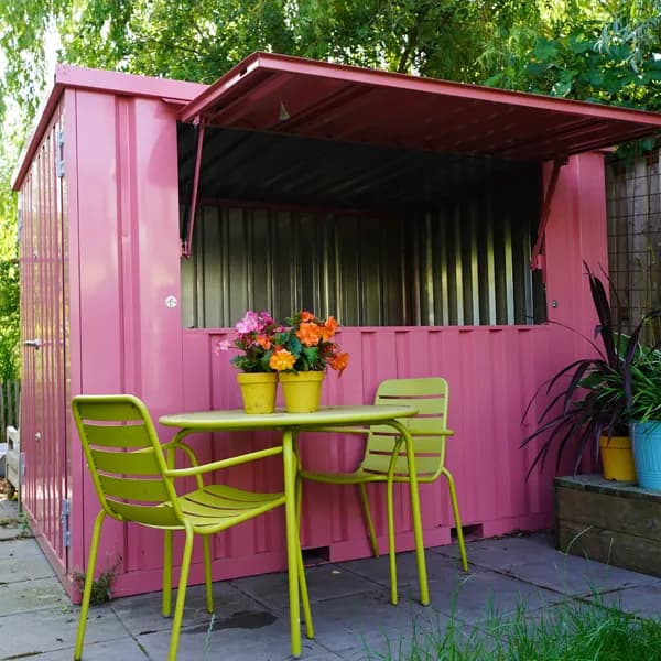 Bar Container XL 3×2 m Rosa RAL 3015 – Modularer Verkaufscontainer mit Klappdach