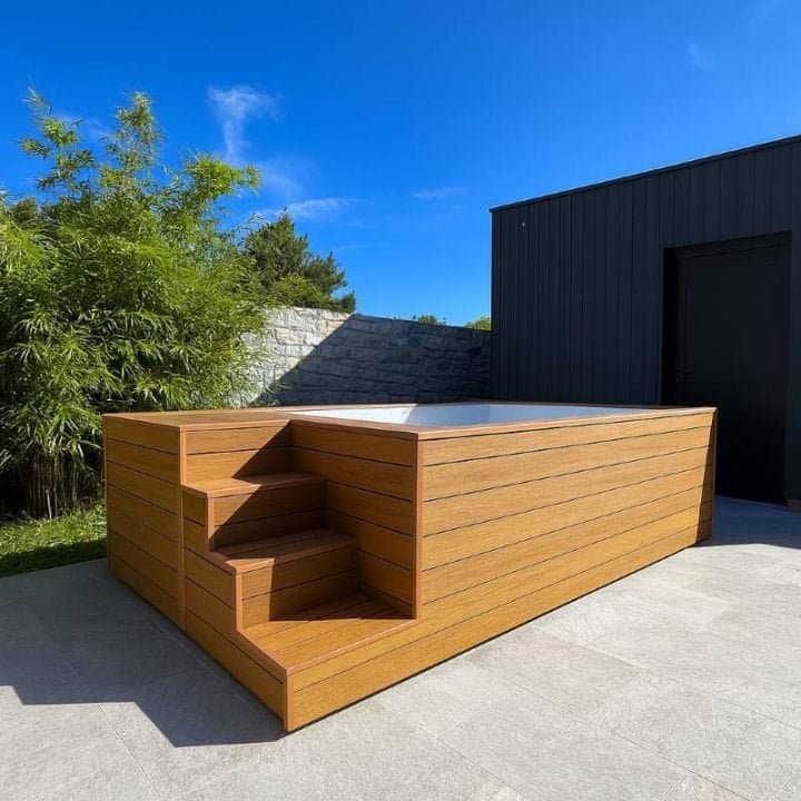 ICONIC Container Pool 4,26 × 2,16 m aus verzinktem Stahl mit LED-Beleuchtung, Filtersystem und Holzoptik-Verkleidung