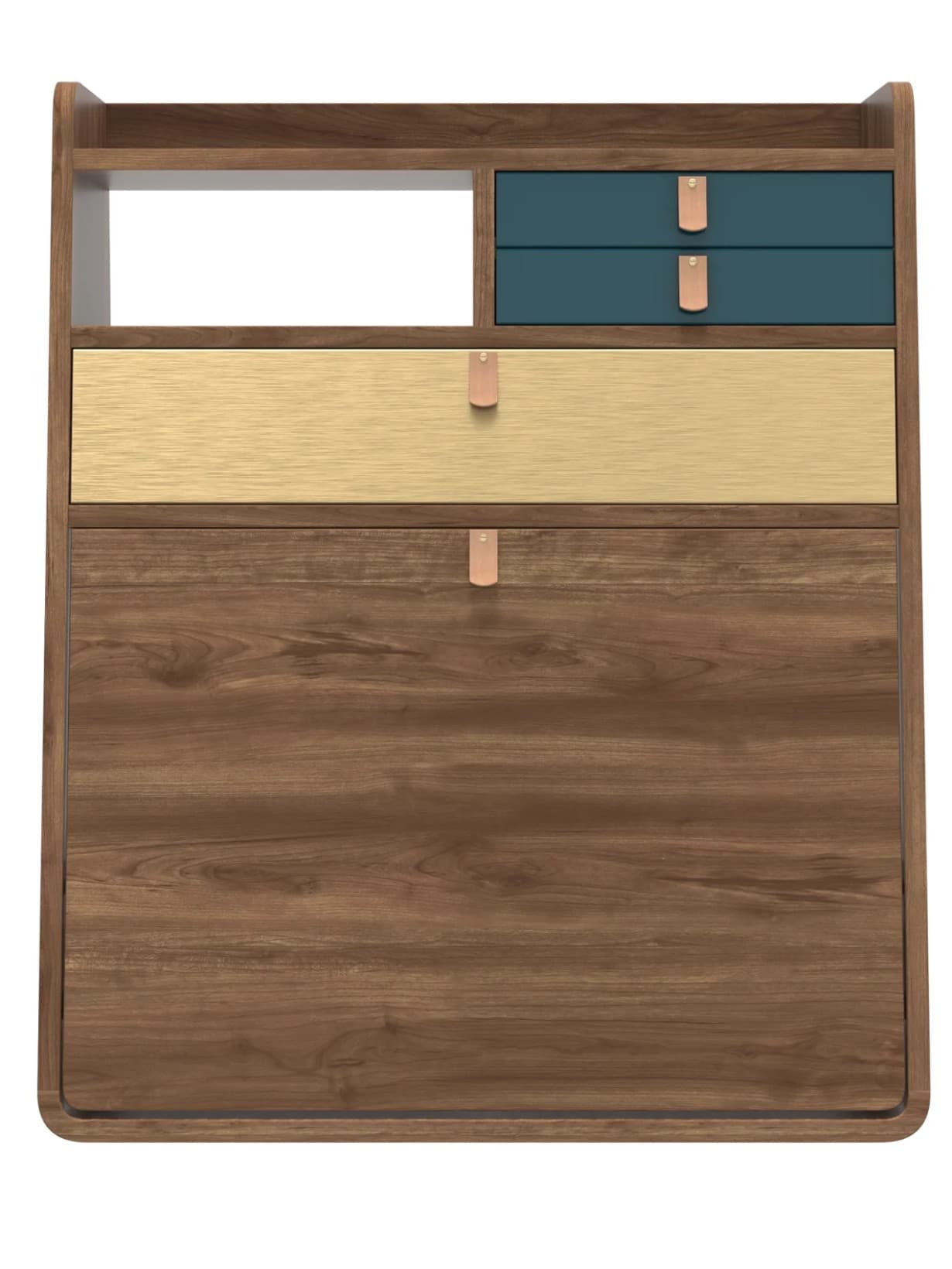 Secrétaire mural finition noyer, Gaston 60 cm Laiton brossé et bleu pétrole  - Hartô 