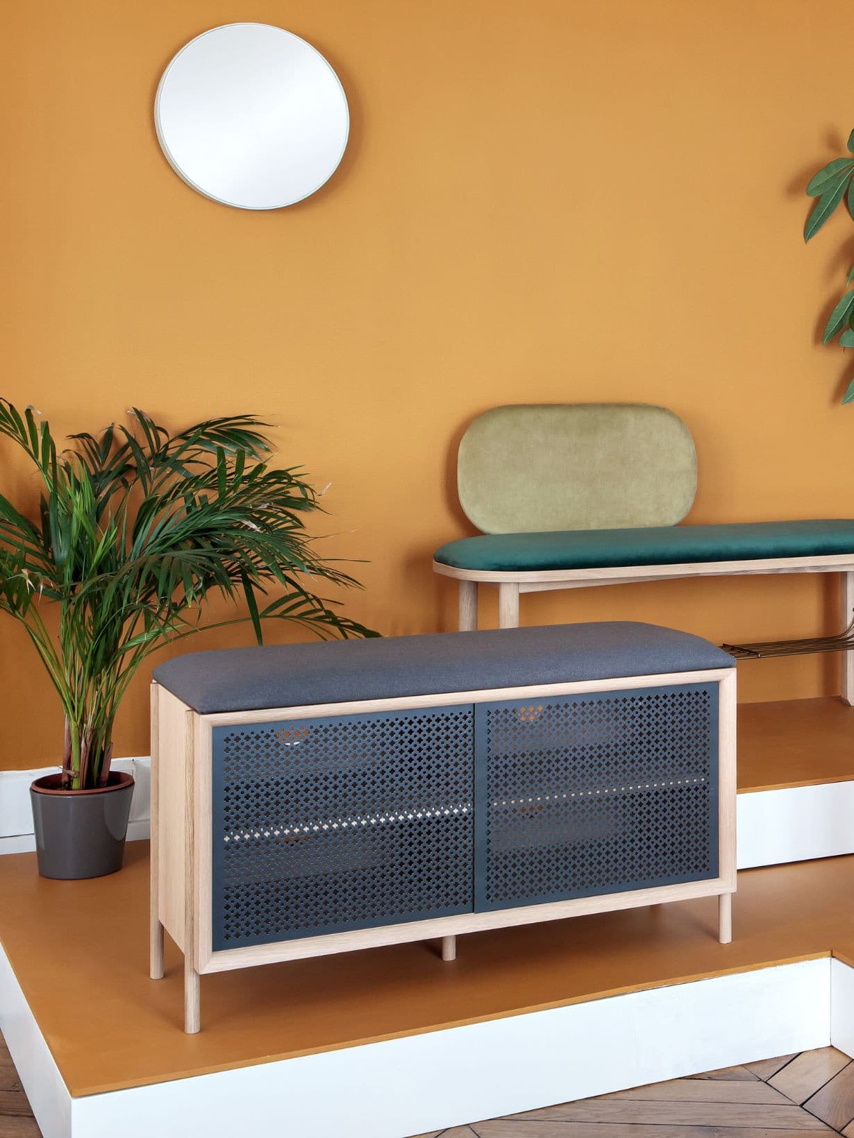 Banc d'entrée en chêne naturel, Gabin Gris ardoise  - Hartô 